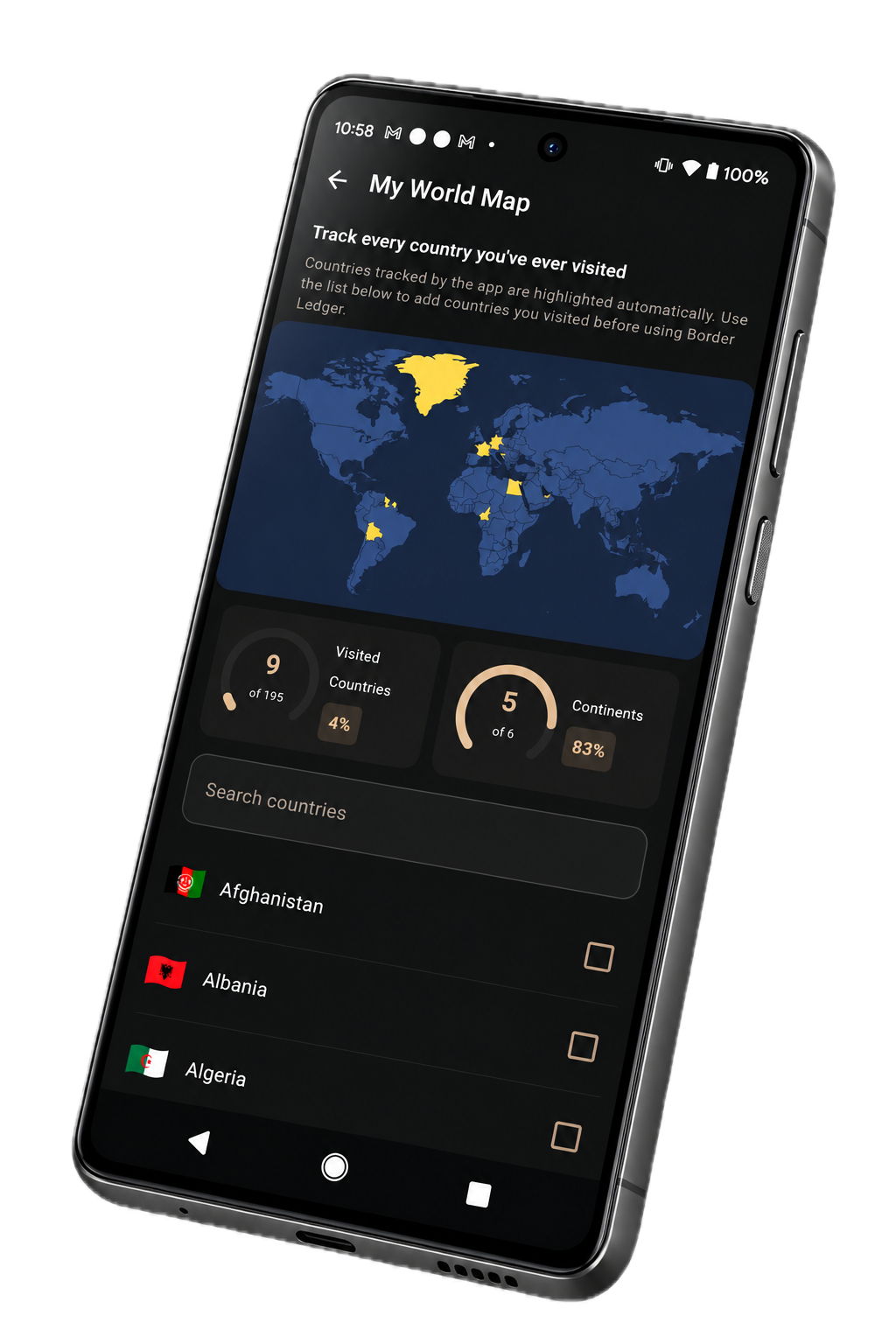 BorderLedger Android app showing the visited-country world map