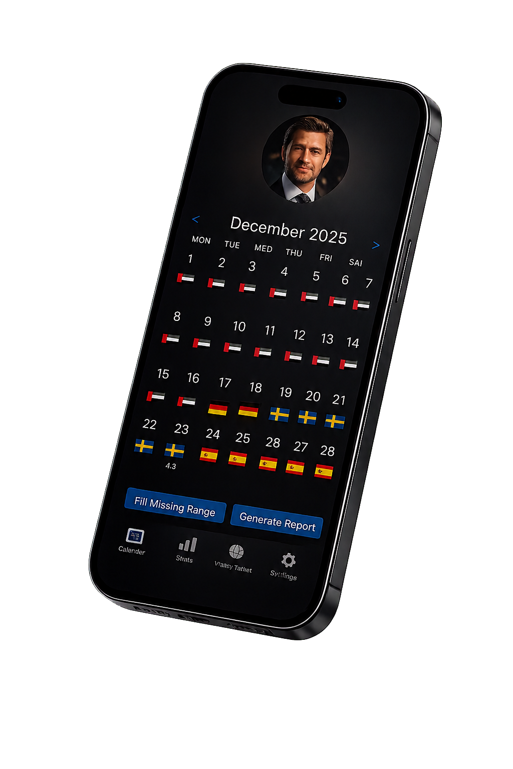BorderLedger iPhone app showing the country-day calendar